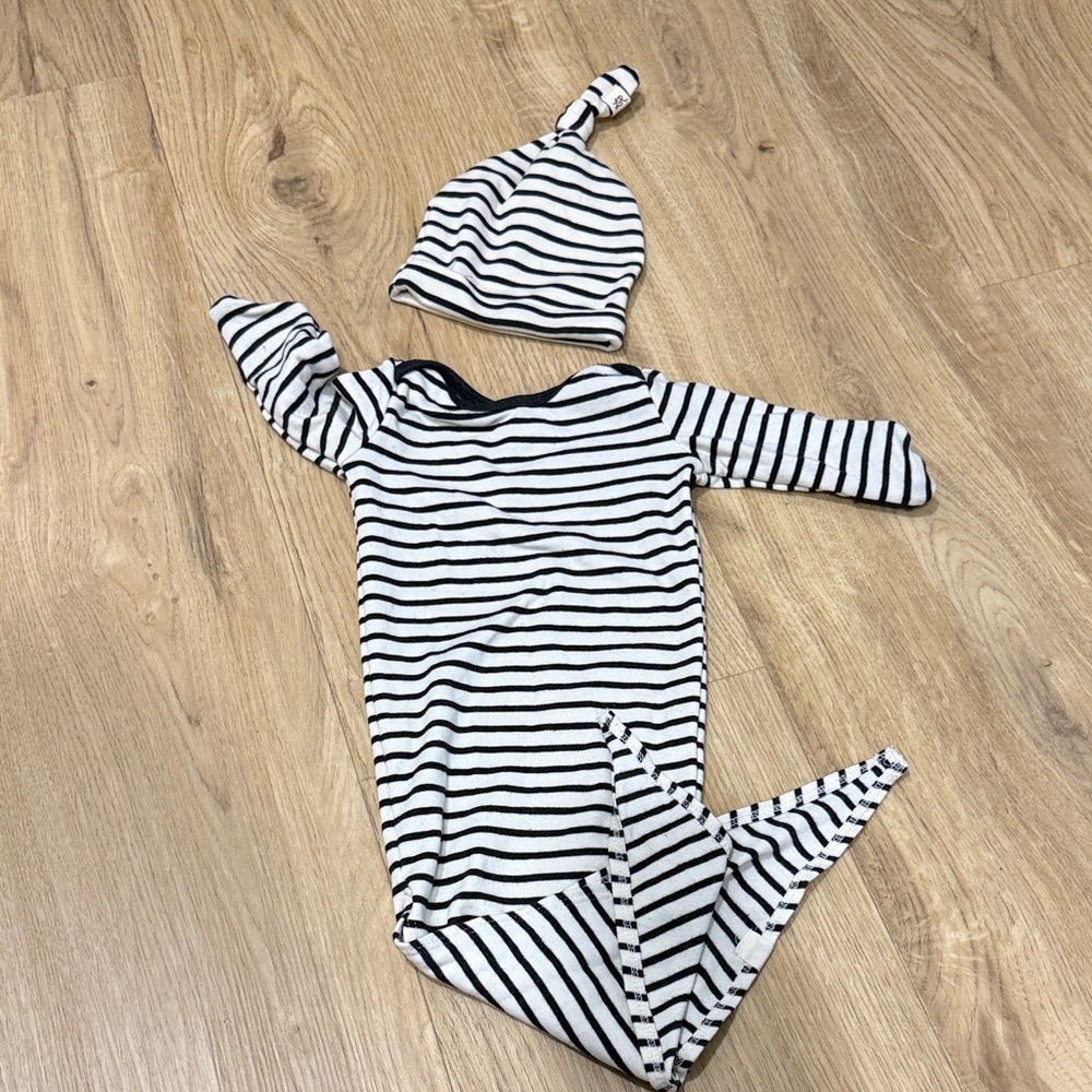Striped Black and White Kids One Piece with Hat